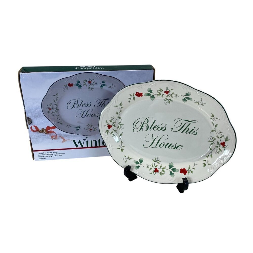 Pfaltzgraff Winterberry Bless This House Oval Platter Christmas Serving Plate